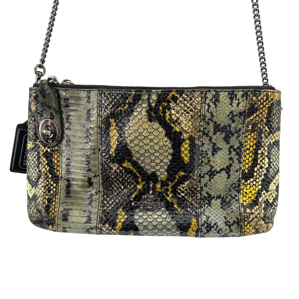 Coach Snakeskin Embossed Leather Double Zip Crossbody Bag Green Yellow Black